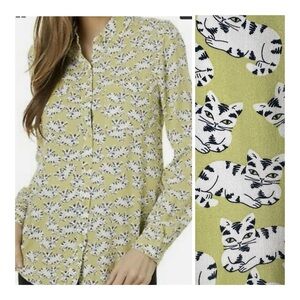 BeachLunchLounge XL Green Kitty Kat Alanna Button Down Blouse Top